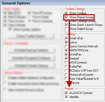 Alldata connect selected on the General Options window.