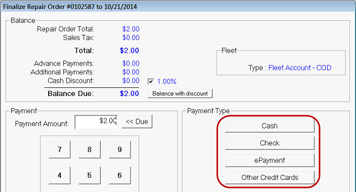 The Payment Type section showing no fleet buttons.