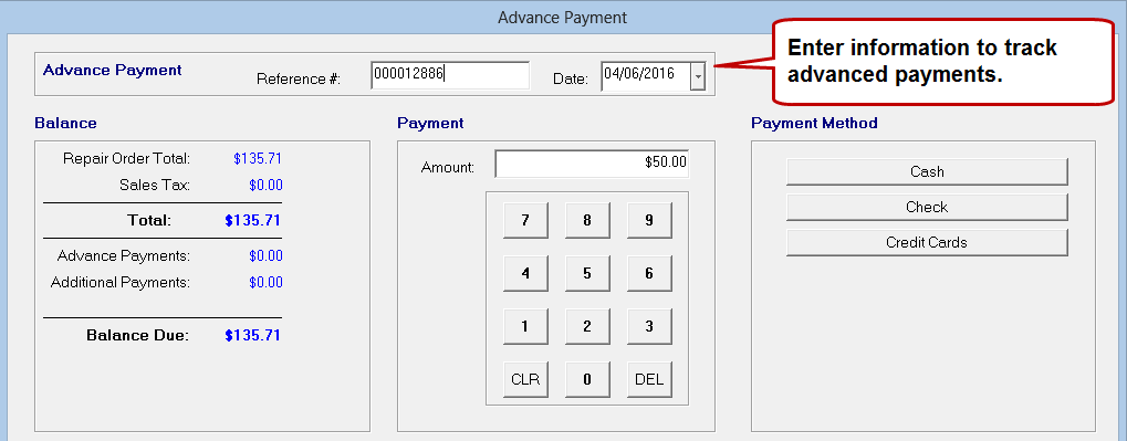 The Advanced Payment window pointing to the reference number and date fields for tracking.