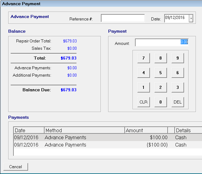 The reversed advanced payment in the Payments section.