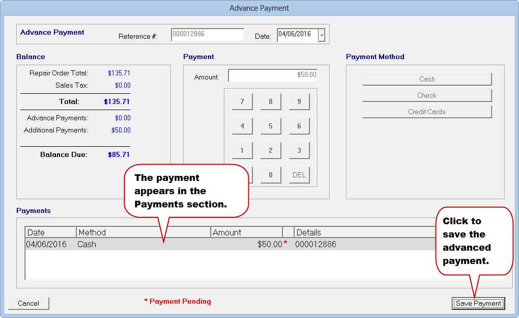 The payment in the Payments section. Click Save Payment.