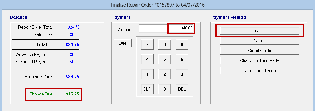 The Finalize window with the payment amount, change due, and cash button circled.