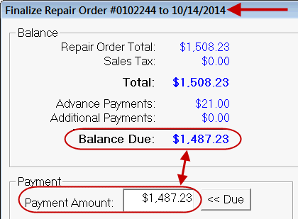 The top left corner of the Finalize with with the Balance Due and Payment Amount circled.