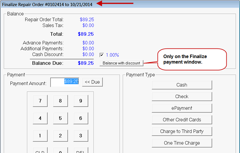 The Finalize payment window showing the Balance with discount button.