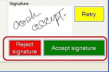 An electronic signature captured and the Reject Signature and Accept Signature buttons circled.