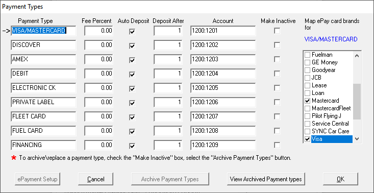 The Payment Types window with one payment type selected.