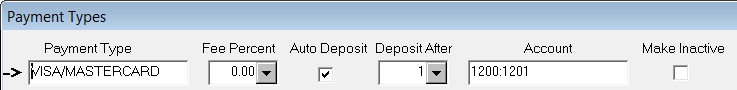 One row selected on the Payment Types window.