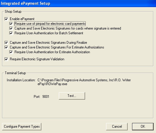 The Integrated ePayment Setup window for Paypros