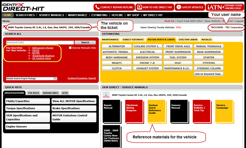 The Identifix window displaying your user name, the vehicle, the keyword search area, and reference materials displaying.