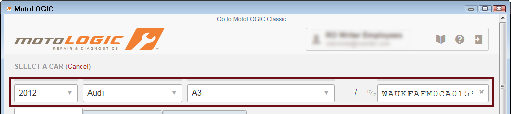 The vehicle information from an open ticket displayed on the motologic window, including the VIN number.