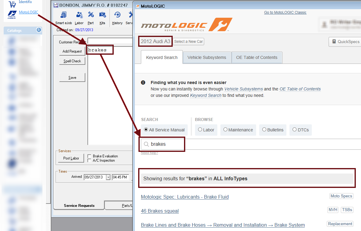 Keyword search results from the service request tab in motologic.