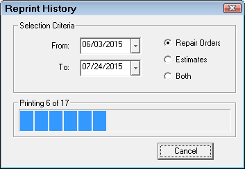 the Reprint History window with the progress bar running.