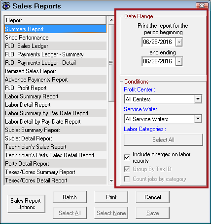 The Sales Reports window showing all sales reports and the report criteria circled.