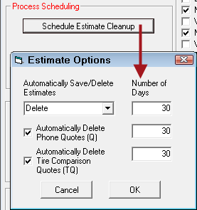 The Schedule Estimate Cleanup button pointing to the Estimate Options window.