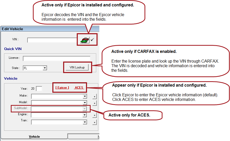 The left side of the Vehicle tab pointing to the Epicor VIN decode, VIN Lookup, Epicor and ACES labels, and SubModel field.