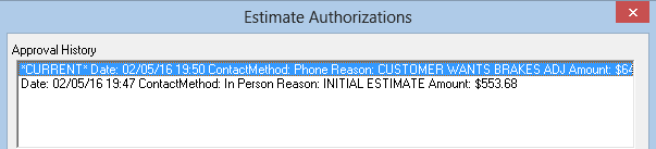 The top half of the estimate authorization window showing multiple approvals where one is current.