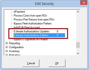 The estimate authorization security levels in configuration.