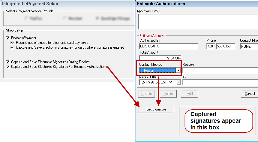 The electronic signature for estimate authorization checked in configuration pointing to the get signature area of the Estimate Authorization window.