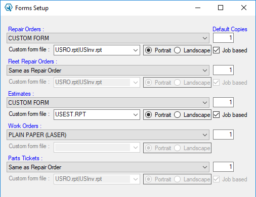 Custom forms selected in the Form Types Configuration setting.