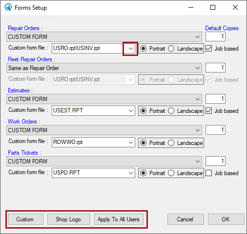 The Forms Setup window with the enhancements circled.
