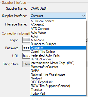 The Supplier Interface dropdown list expanded. 