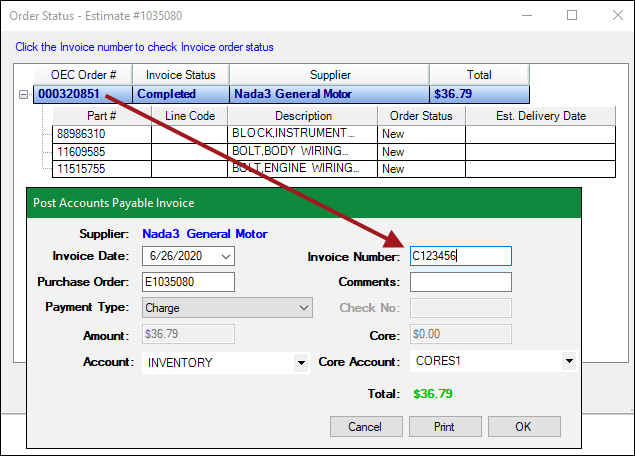 The OEC Order # entered in an active Invoice Number field.