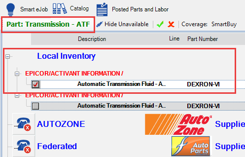 The first catalog part in the job selected in the Local Inventory section.