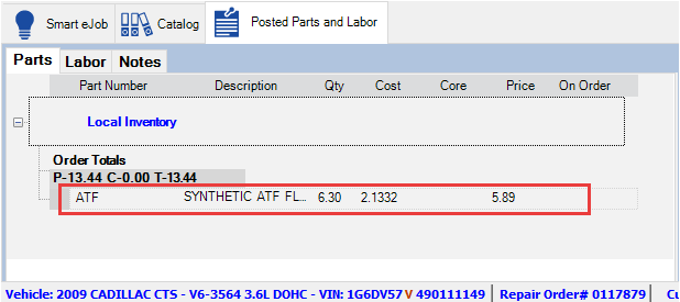 The local inventory part chosen by the smart fluid on the Posted Parts and Labor tab.