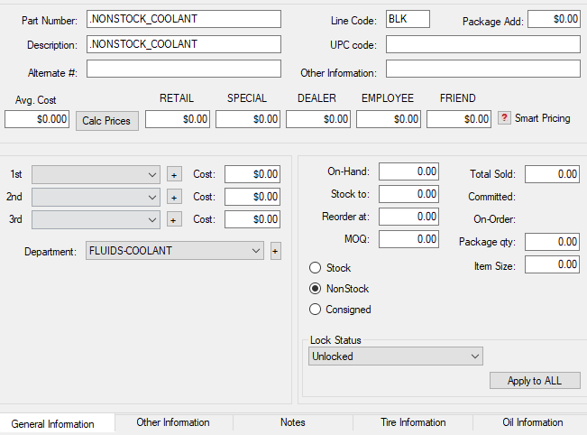 The General Information tab for the nonstock part for coolant.