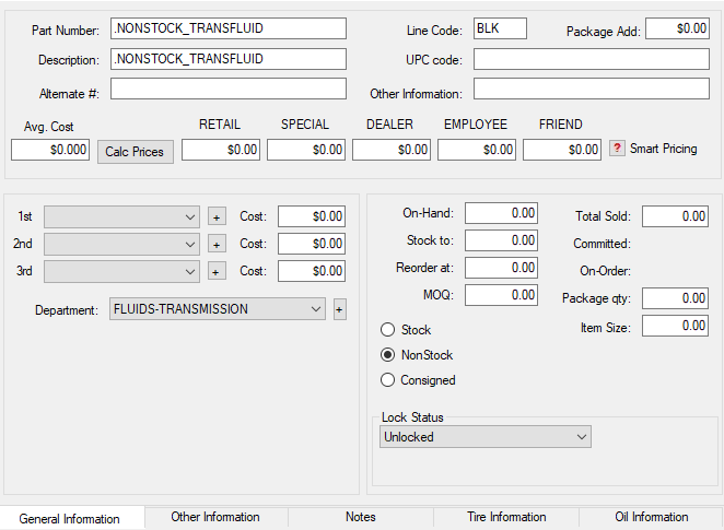 The General Information tab for the nonstock part for ATF.
