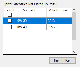 The Epicor Viscosities Not Linked to Parts section.