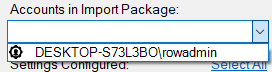 The Accounts in Import Package dropdown list expanded. 
