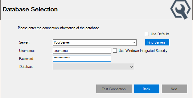 The Database Selection window.