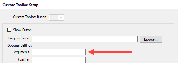 The Custom Toolbar Setup window with all entry fields active.