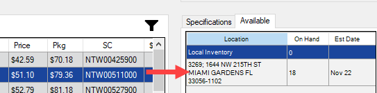 The Available tab showing the physical location and estimated delivery date of a selected tire.