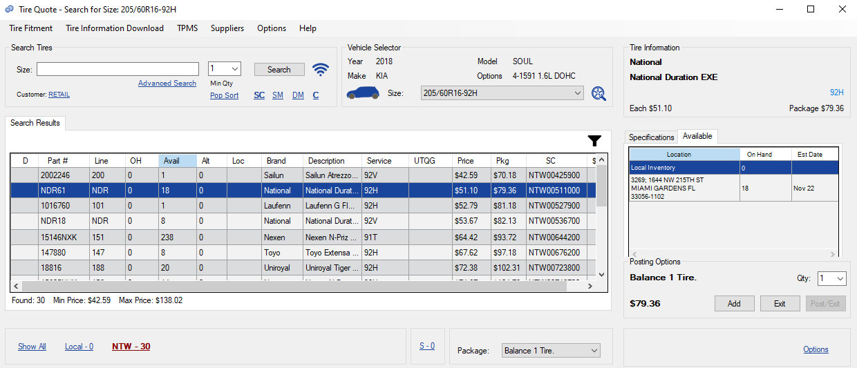 The Tire Quote window with the NTW supplier link selected.
