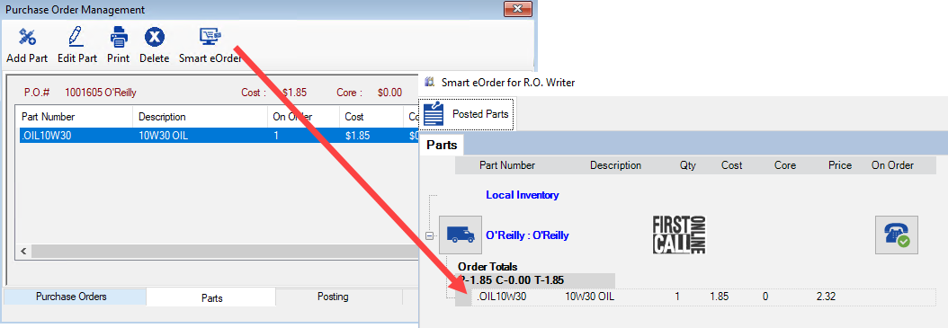 Smart eOrder opened from the Parts tab in PO Management.