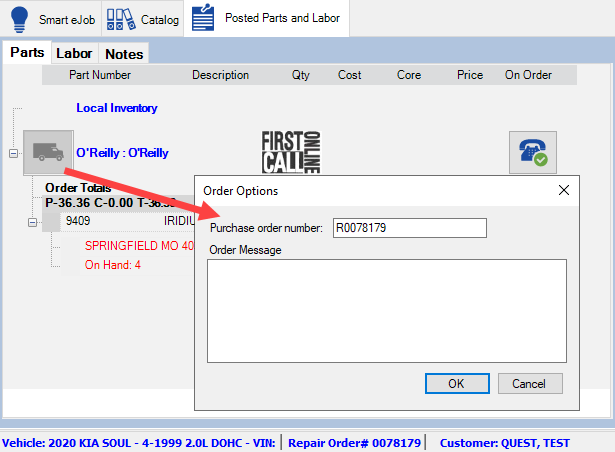 Ordering OReilly parts on the Posted Parts and Labor tab.