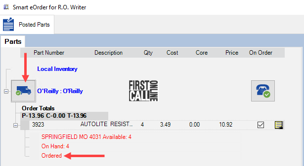 OReilly parts ordered in Smart eOrder.