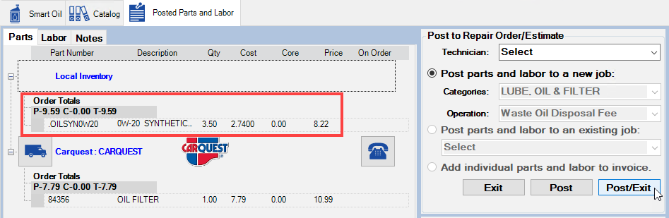 The posted parts and labor tab with the selected viscosty