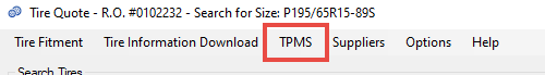 The TPMS menu in Tire Quote.