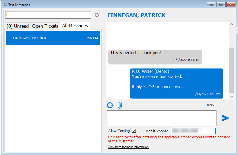 The message sent on the All Text Message window.