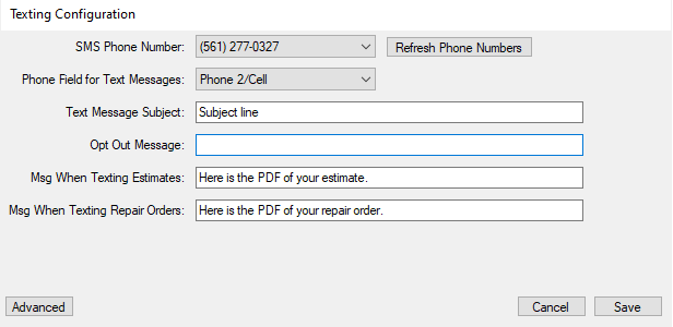 The Texting Configuration window completed.