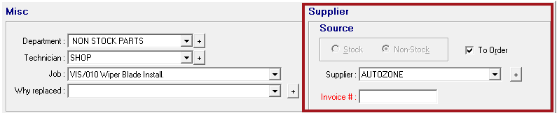 A picture with AutoZone as the supplier on the Edit Parts window and To Order checked.