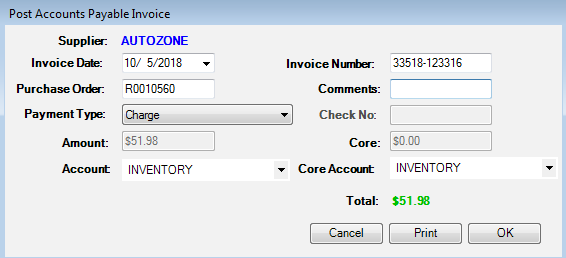 A picture of the post to Accounts Payable window for the order.