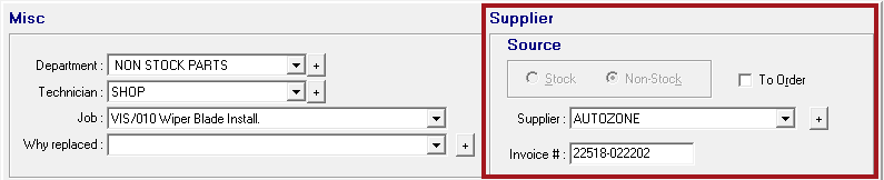 A section of the Edit Parts window with AutoZone as the supplier and the invoice number.