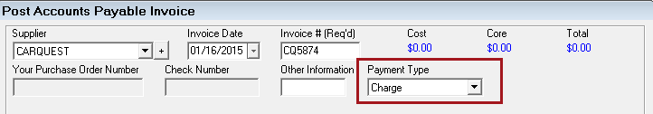 The Payment Type dropdown list circled on the Post AP Invoice window.