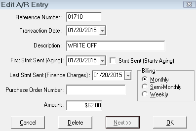The Edit A/R Entry window with Write Off as the  Description.