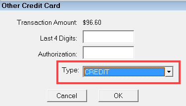 The Other Credit Card window with the Type dropdown list circled.