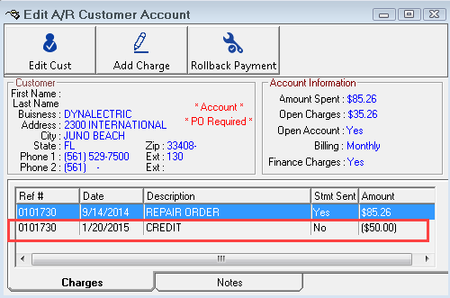 The Edit A/R Customer Account window showing a negative credit.